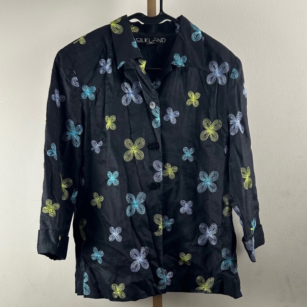 Silkland Butterfly Ramie Linen Shirt Women 8 Black Y2K Embroidered Button Down